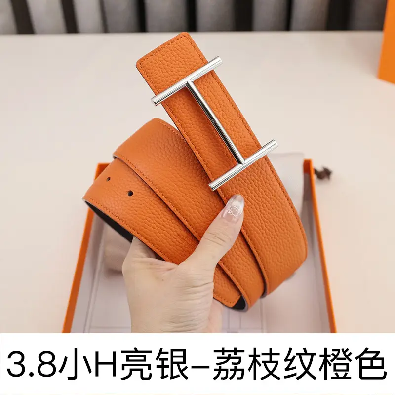 Men's Leather Belt H-Letter Lychee Orange I-Shaped - Image 23