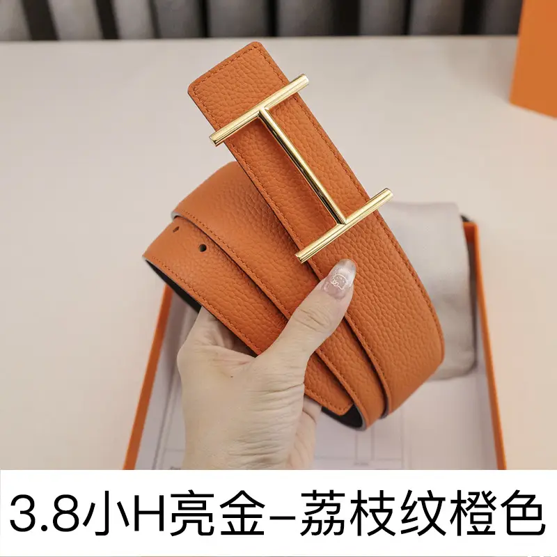 Men's Leather Belt H-Letter Lychee Orange I-Shaped - Image 24