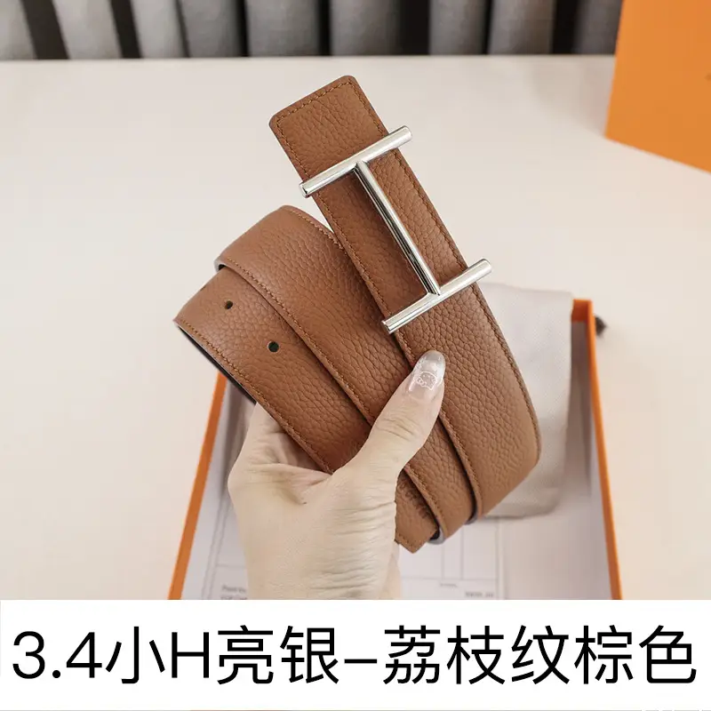 Men's Leather Belt H-Letter Lychee Orange I-Shaped - Image 5