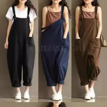 Women's Navy Blue Cotton Linen Strap Jump Suit Plus Size - Image 7
