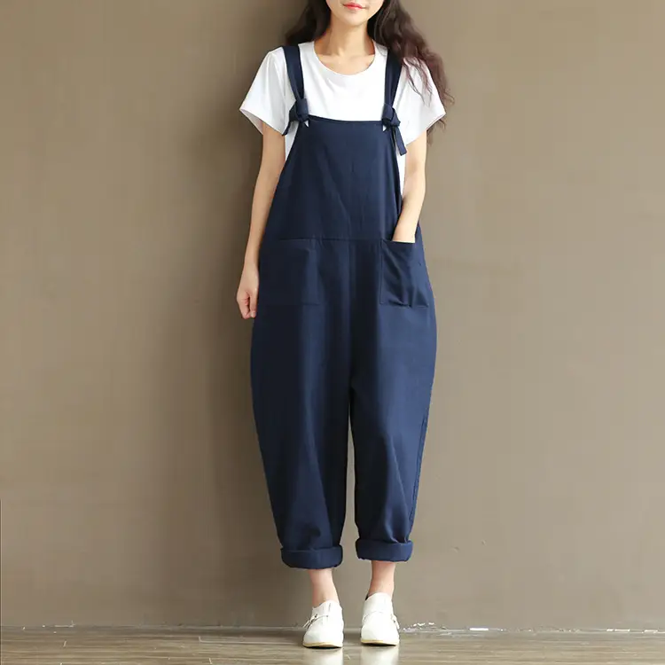 Women's Navy Blue Cotton Linen Strap Jump Suit Plus Size - Image 8