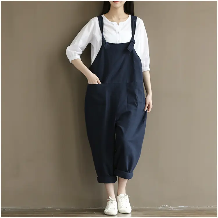 Women's Navy Blue Cotton Linen Strap Jump Suit Plus Size - Image 9