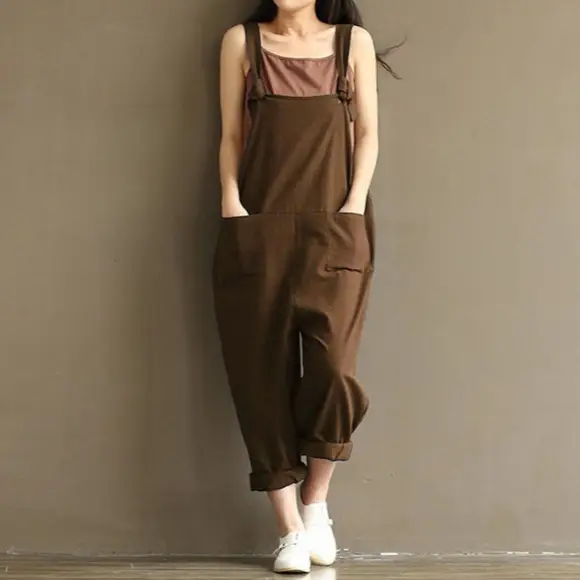 Women's Navy Blue Cotton Linen Strap Jump Suit Plus Size - Image 10
