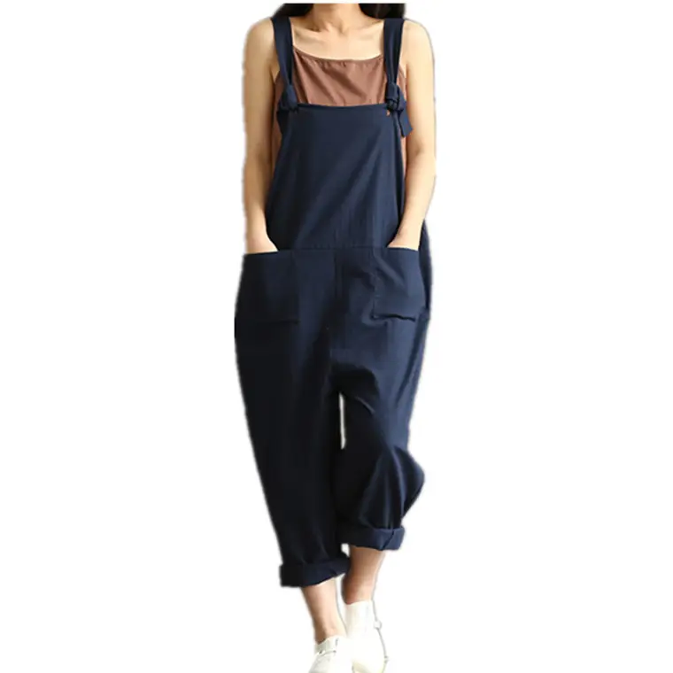 Women's Navy Blue Cotton Linen Strap Jump Suit Plus Size - Image 11
