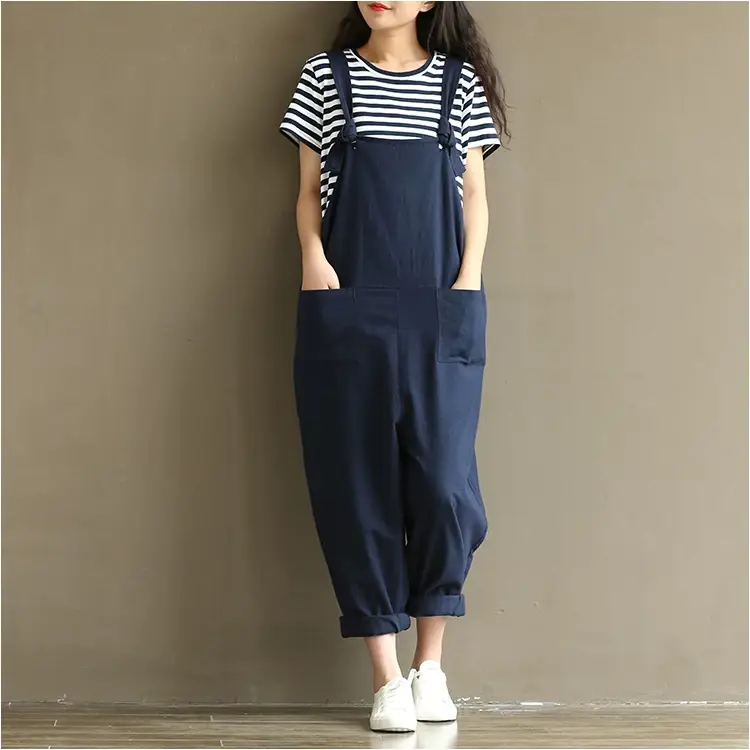 Women's Navy Blue Cotton Linen Strap Jump Suit Plus Size — feature 15