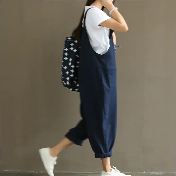 Women's Navy Blue Cotton Linen Strap Jump Suit Plus Size — feature 19