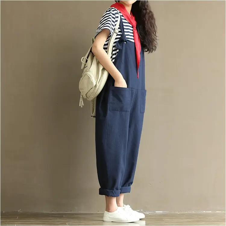 Women's Navy Blue Cotton Linen Strap Jump Suit Plus Size — feature 25
