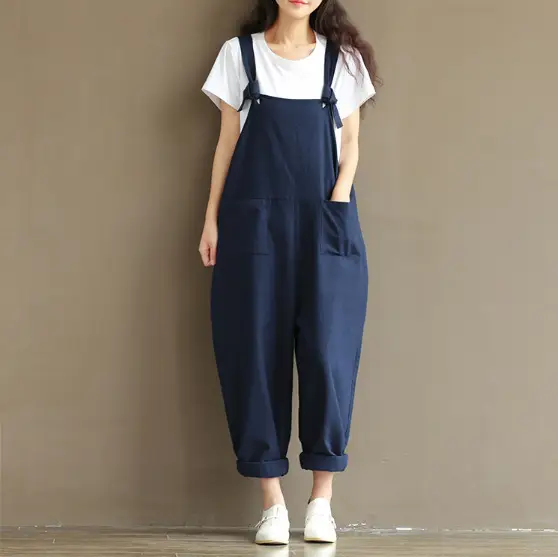 Women's Navy Blue Cotton Linen Strap Jump Suit Plus Size - Image 6