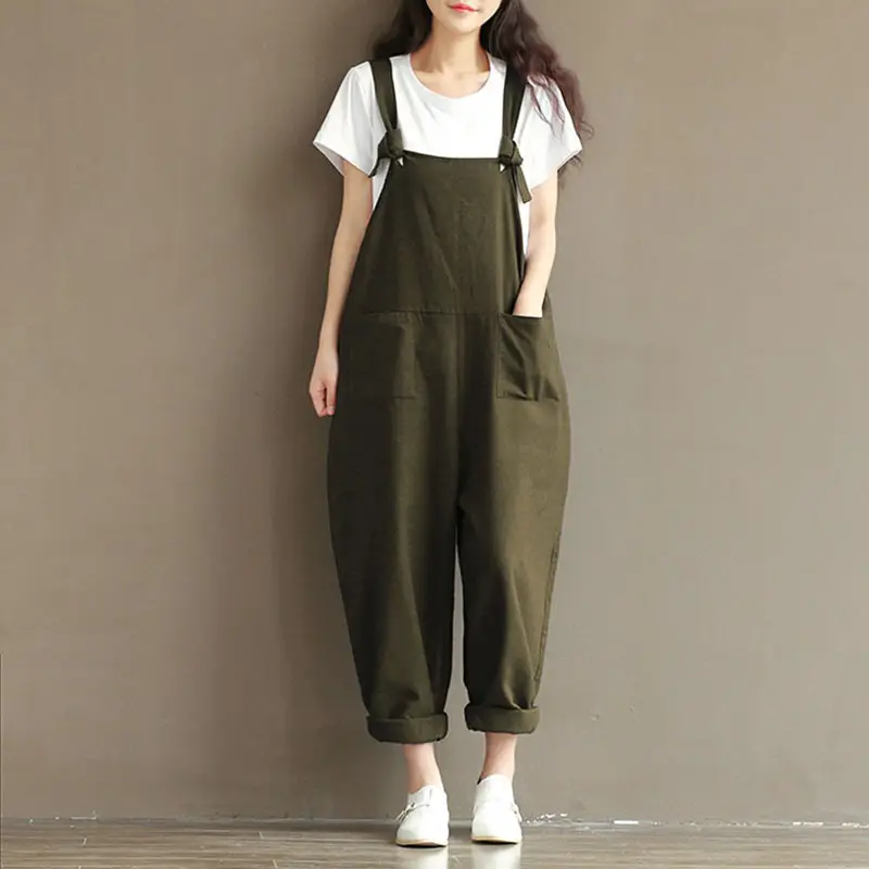 Women's Navy Blue Cotton Linen Strap Jump Suit Plus Size - Image 2
