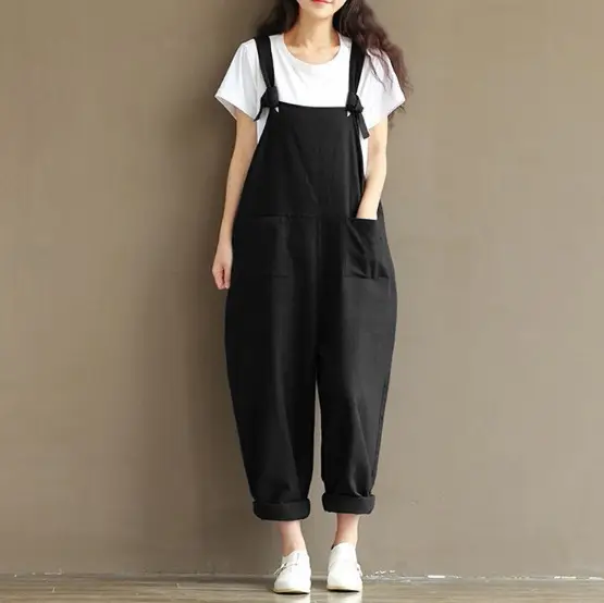 Women's Navy Blue Cotton Linen Strap Jump Suit Plus Size - Image 3