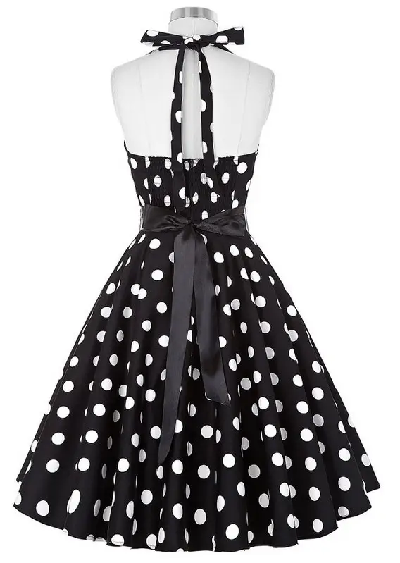 50s Waist Slim Swing Dress Black Polka Dot Belted — feature 7