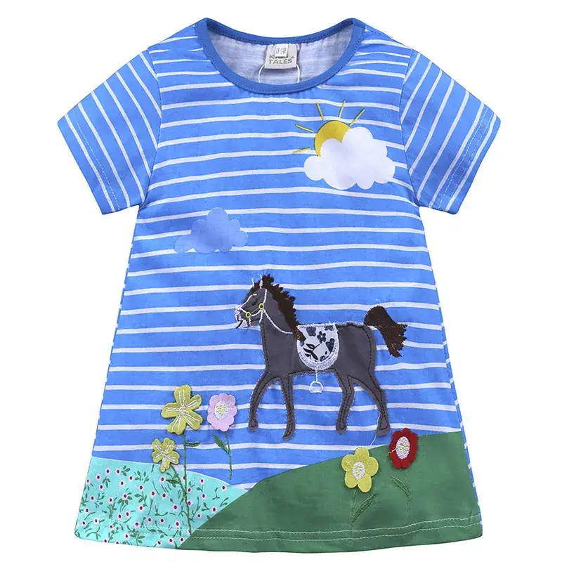 Girls Striped T-Shirt with Bird Print Blue White - Image 2