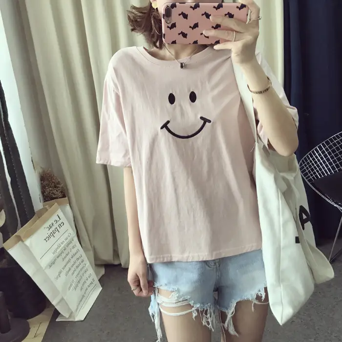 Summer Korean Style Student Women T-Shirt White Pink Loose Fit - Image 3
