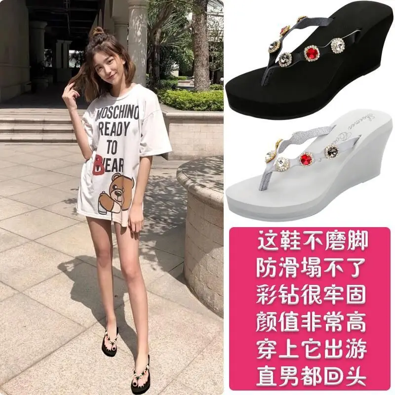 2025 Rhinestone Flip Flops Women's Black White High Heel Sandals