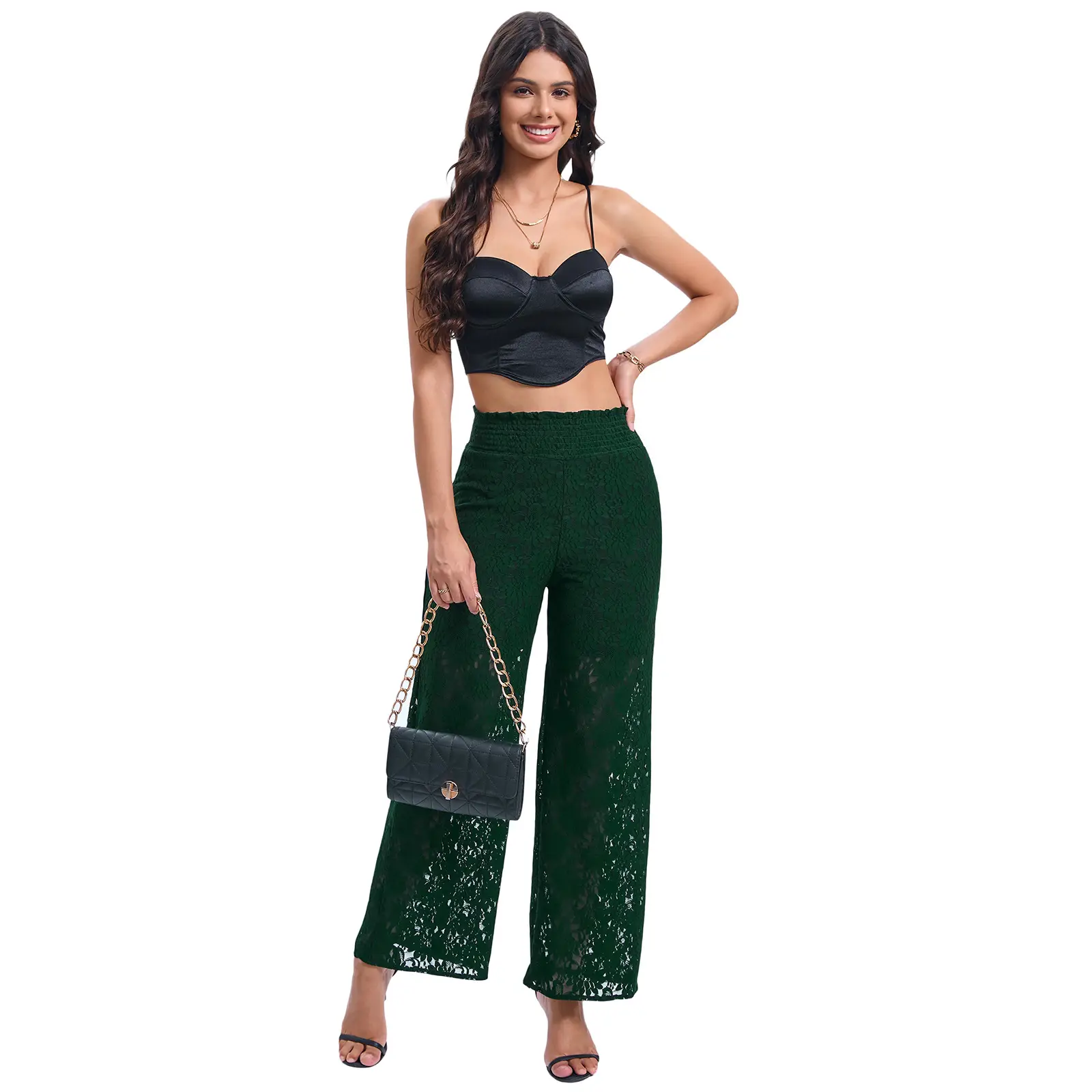 Women's Green Sequin Wide Leg Pants with Black Top - Image 3