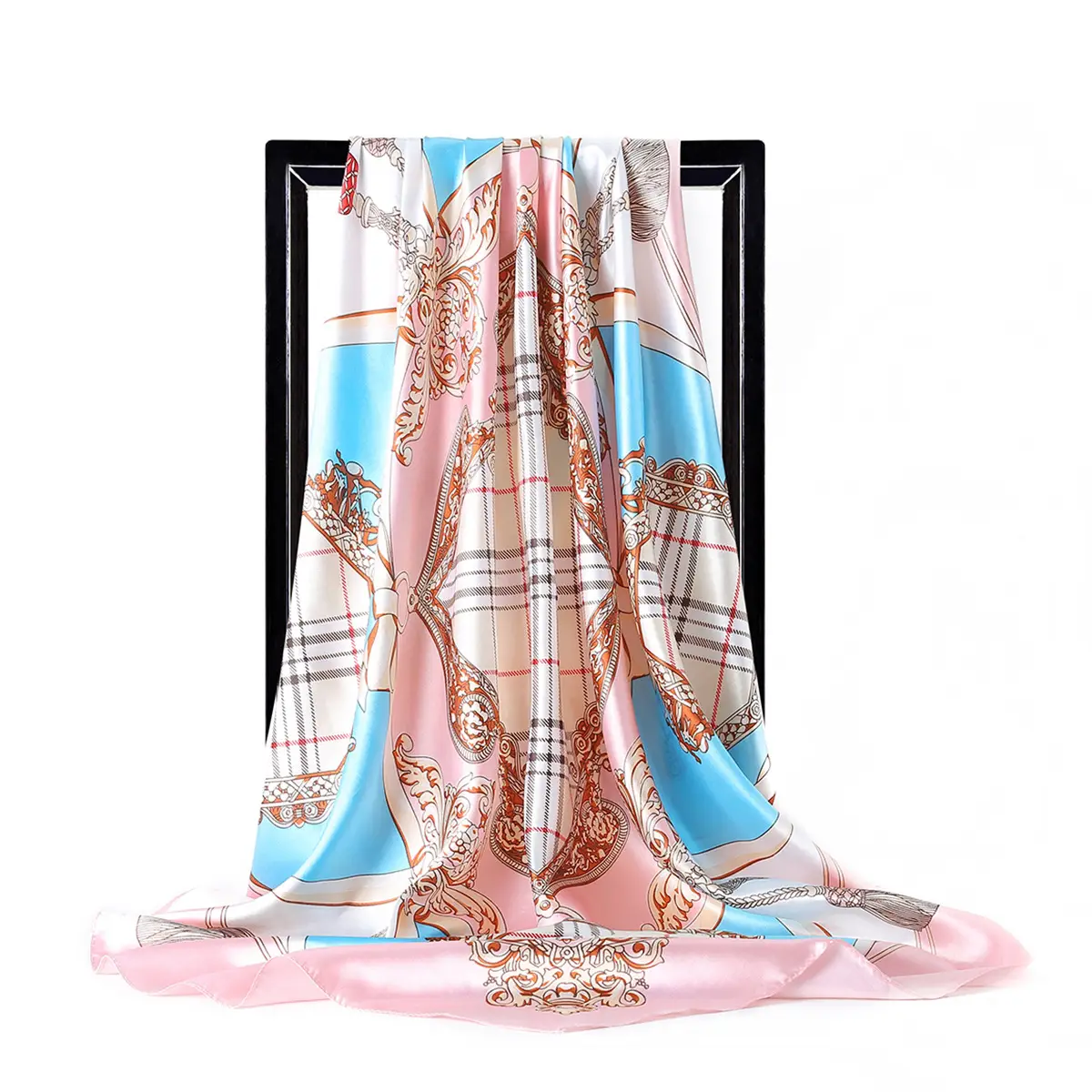 Muslim Women's Silk Satin Turban Scarf with Plaid Bow Design