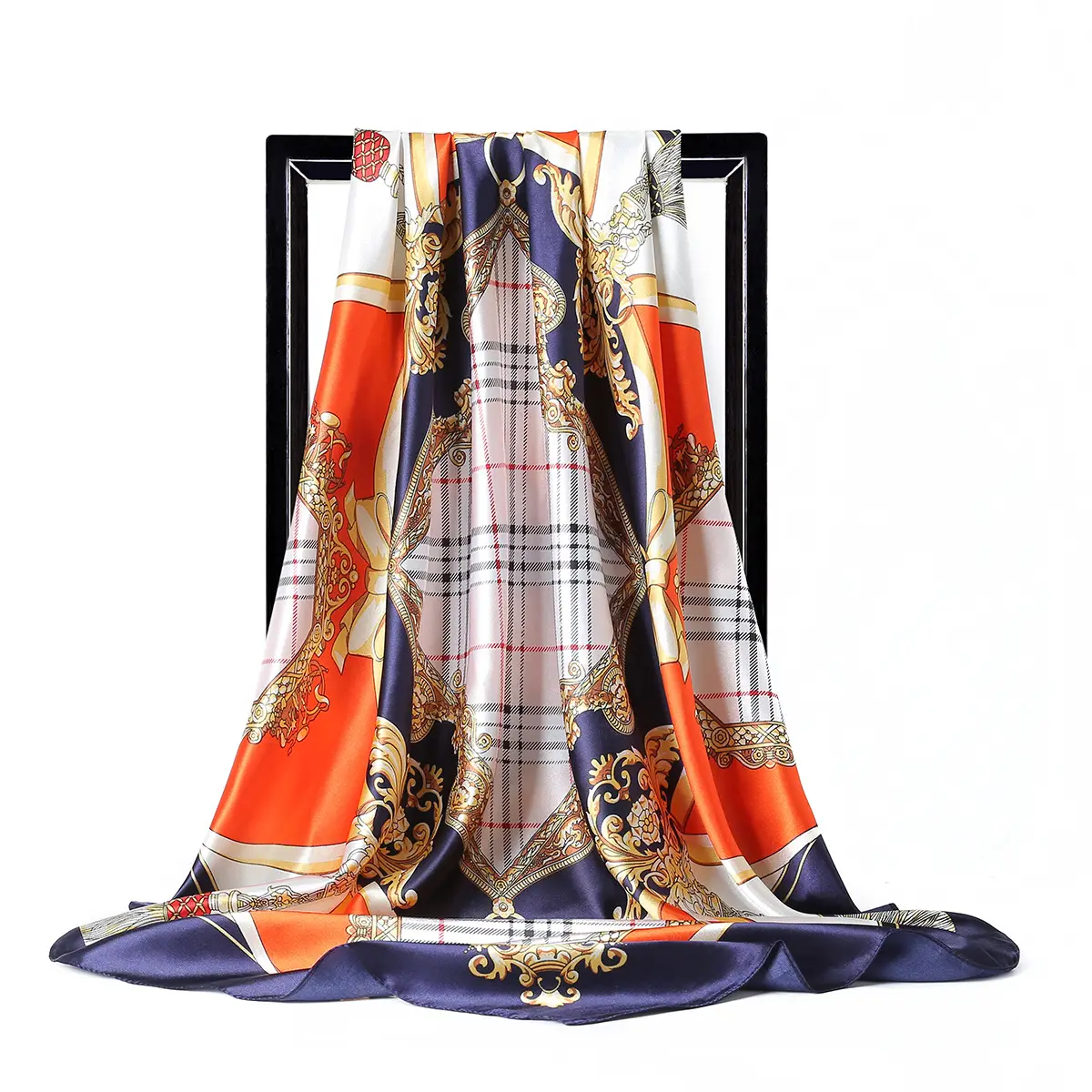 Muslim Women's Silk Satin Turban Scarf with Plaid Bow Design
