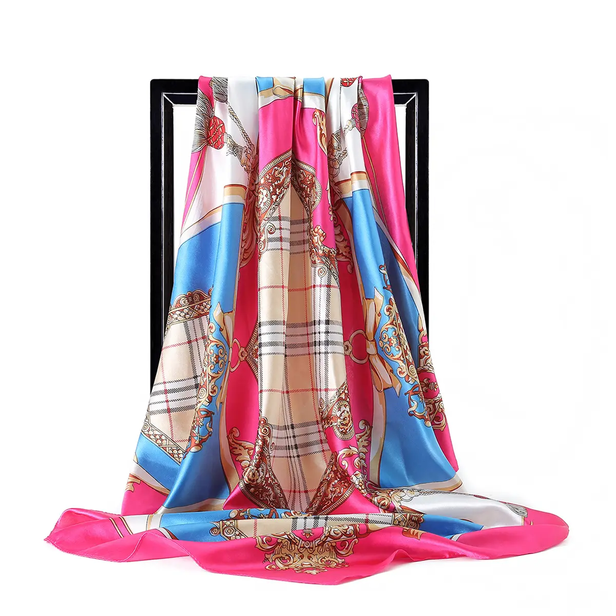 Muslim Women's Silk Satin Turban Scarf with Plaid Bow Design