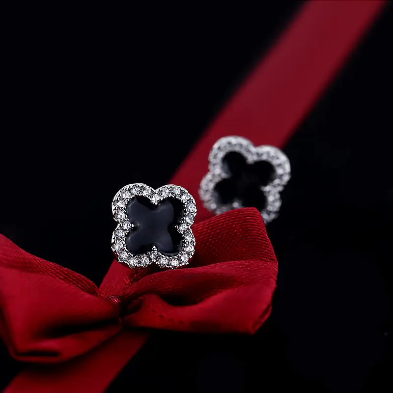 Women's Black Clover Earrings Full Diamond Zircon Sterling Silver — feature 11