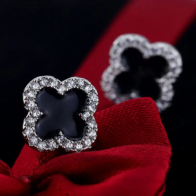 Women's Black Clover Earrings Full Diamond Zircon Sterling Silver — feature 20