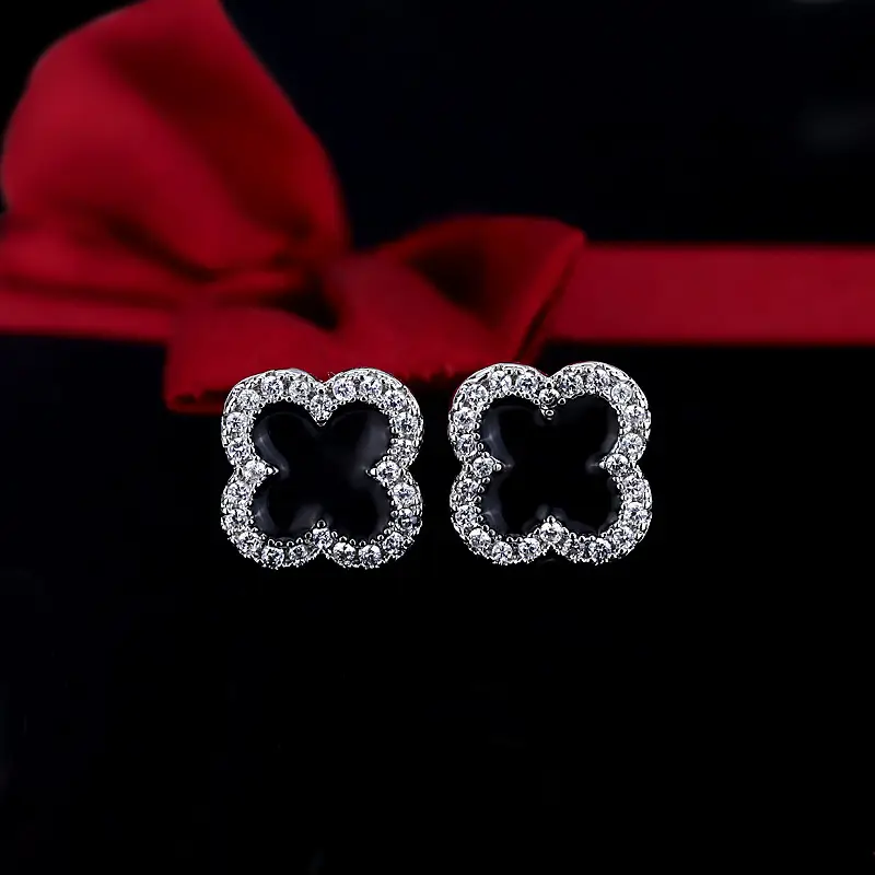 Women's Black Clover Earrings Full Diamond Zircon Sterling Silver — feature 9