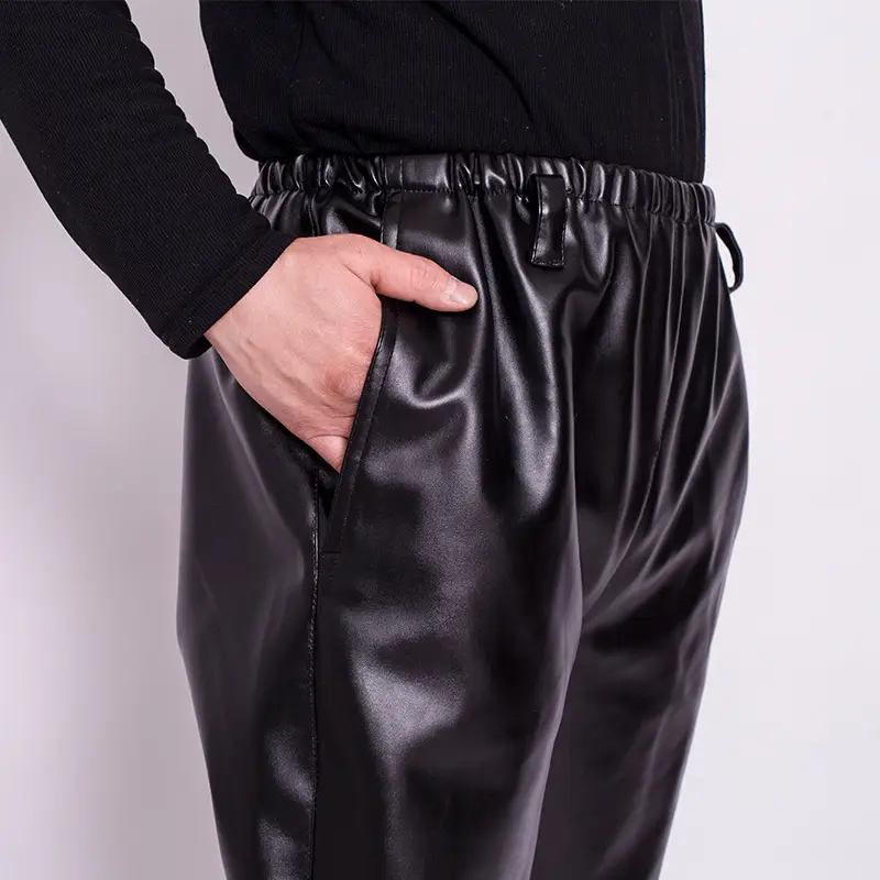 Men's Black Leather Warm Windproof Pants Loose Fit - Image 4