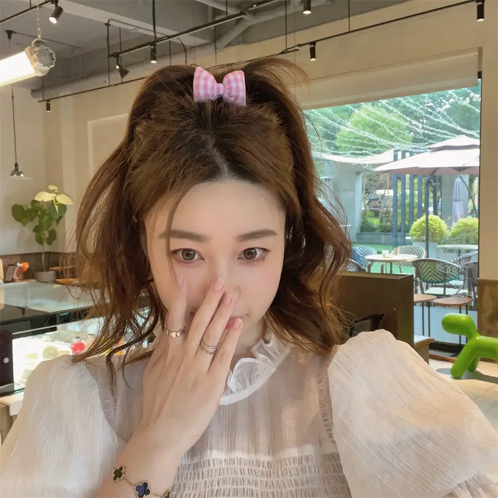 Japanese Cute Girl's Pink Plaid Bow Hair Loop