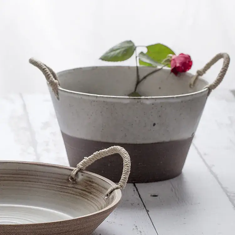 Japanese Stoneware Soup Bowl with Rope Handle