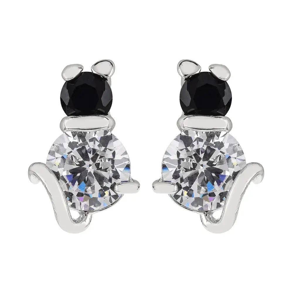 New Japanese & Korean Animal Kitten Zircon Earrings Black White Rose Gold - Image 3