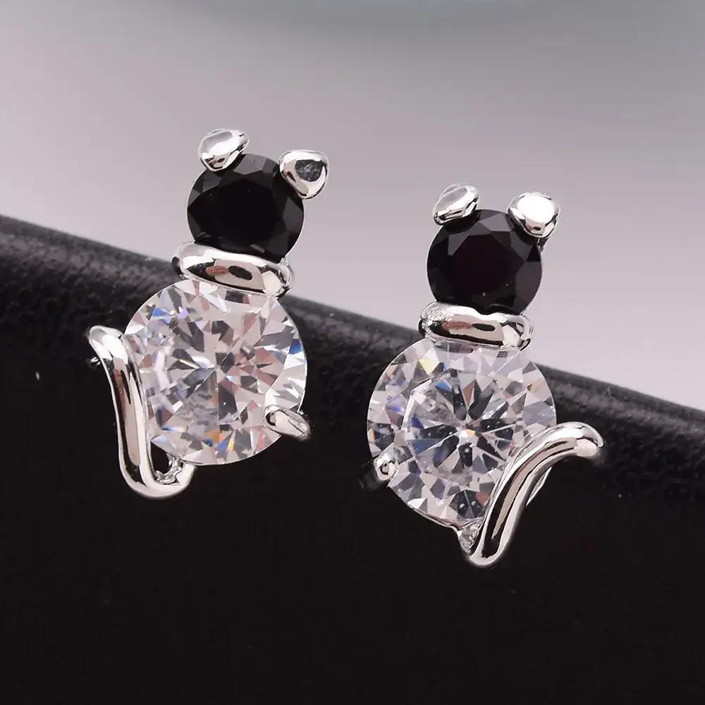New Japanese & Korean Animal Kitten Zircon Earrings Black White Rose Gold - Image 5