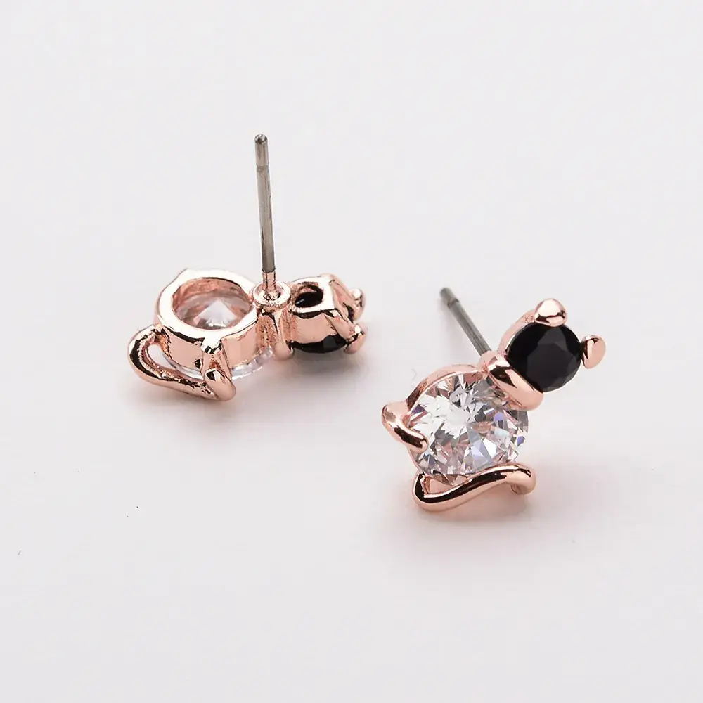 New Japanese & Korean Animal Kitten Zircon Earrings Black White Rose Gold - Image 6