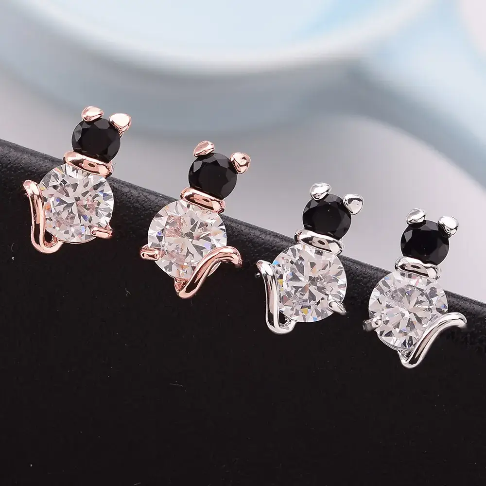 New Japanese & Korean Animal Kitten Zircon Earrings Black White Rose Gold - Image 7