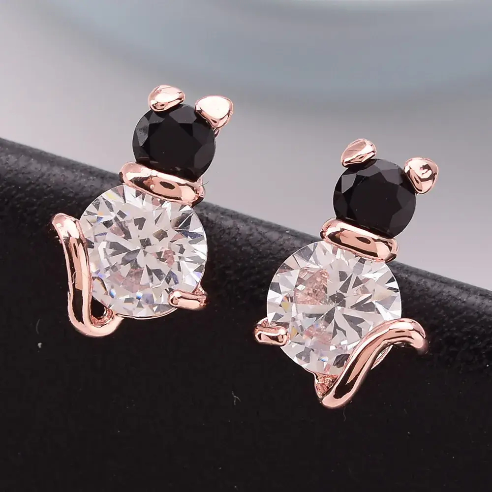 New Japanese & Korean Animal Kitten Zircon Earrings Black White Rose Gold - Image 2