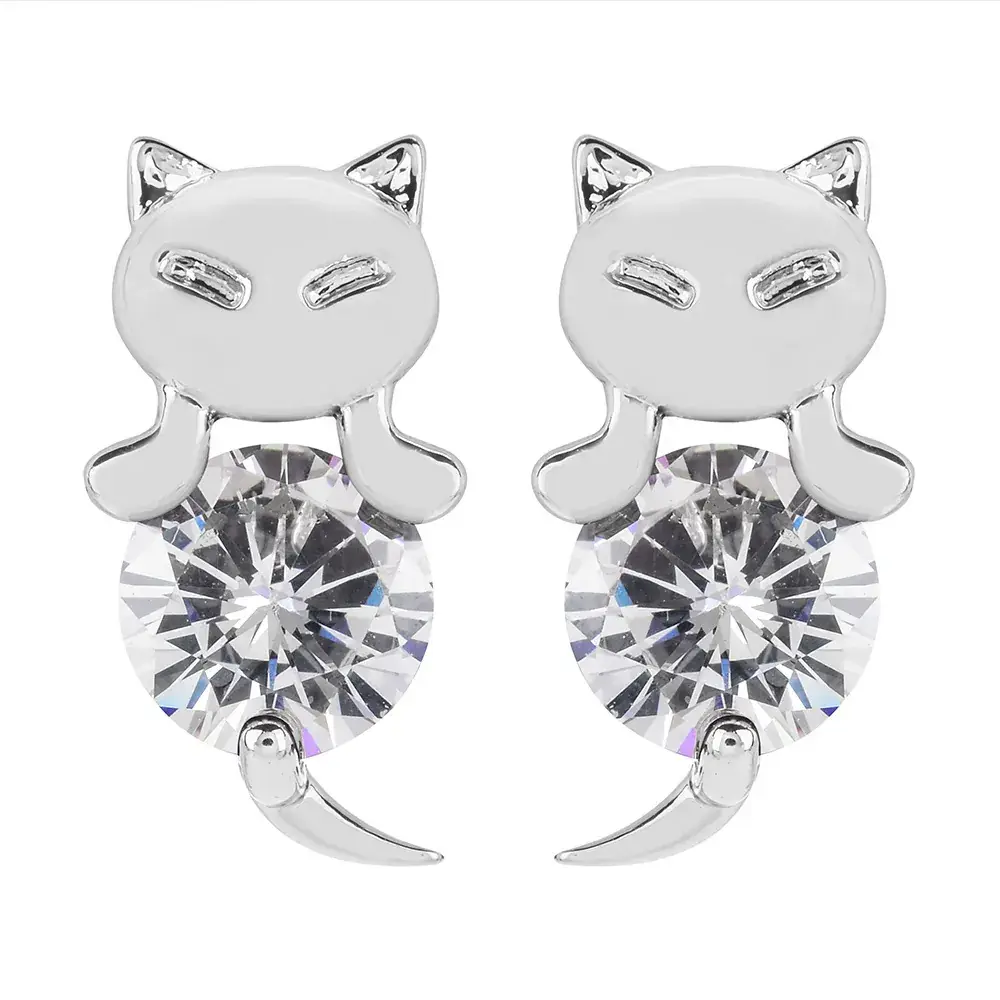 Cute Cat Earrings with Red Zircon for Women