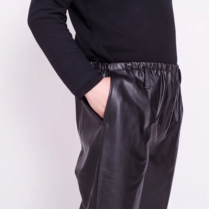 Men's Black Leather Pants Elastic Waist Waterproof Anti-Oil - Image 4