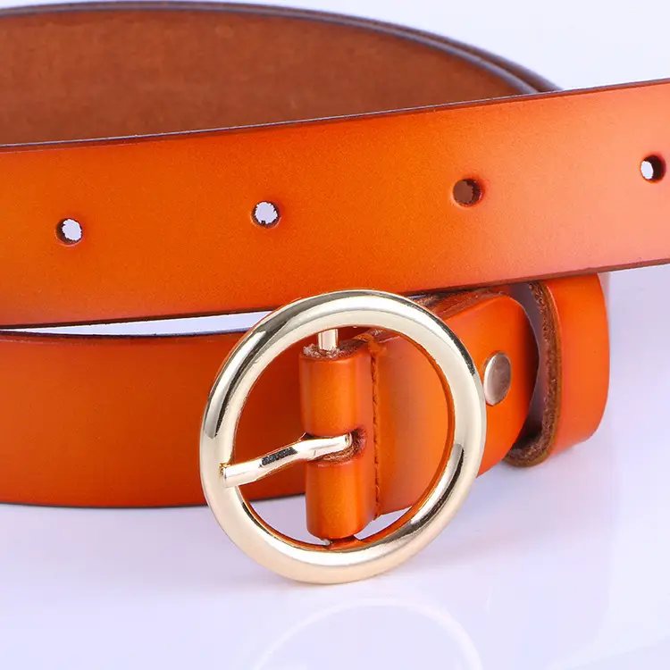 Women's Orange Leather Belt with Gold Buckle