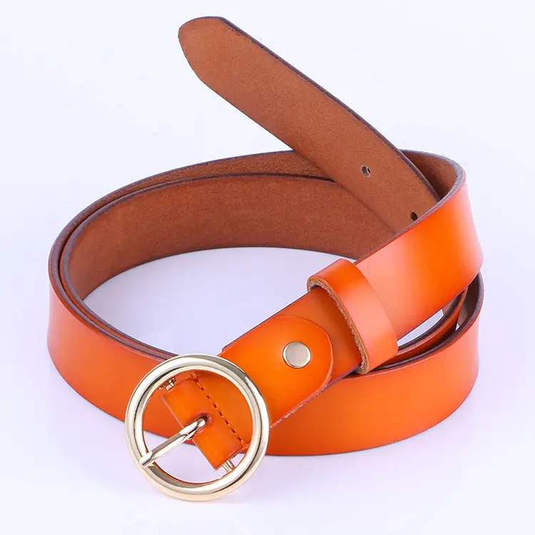 Women's Orange Leather Belt with Gold Buckle