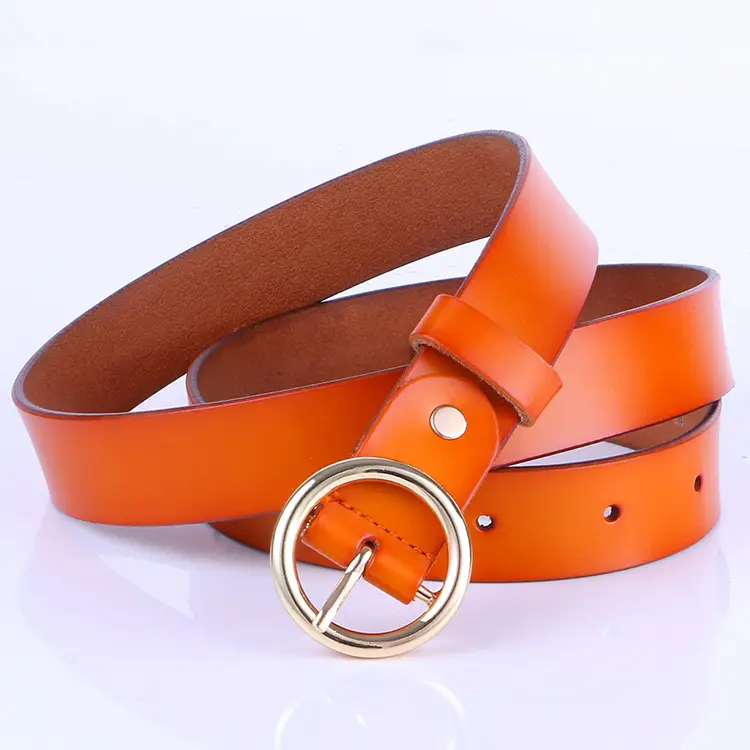 Women's Orange Leather Belt with Gold Buckle
