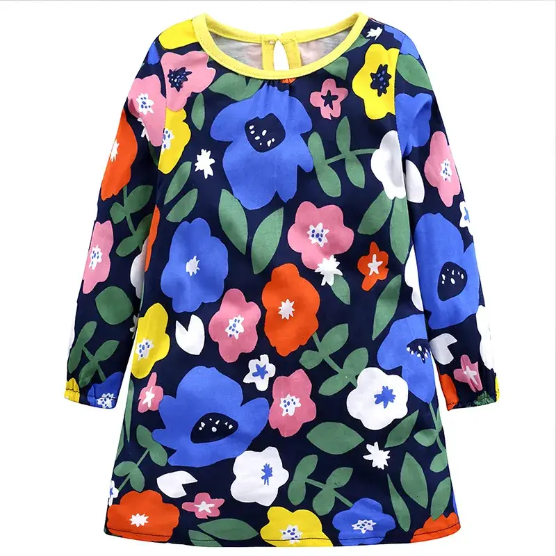 Spring Printed Cotton Long Sleeve Girls Dress Blue Yellow Pink - Image 4