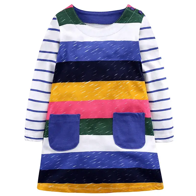 Spring Printed Cotton Long Sleeve Girls Dress Blue Yellow Pink - Image 3