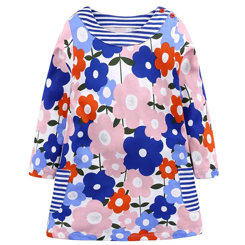 Spring Printed Cotton Long Sleeve Girls Dress Blue Yellow Pink - Image 2