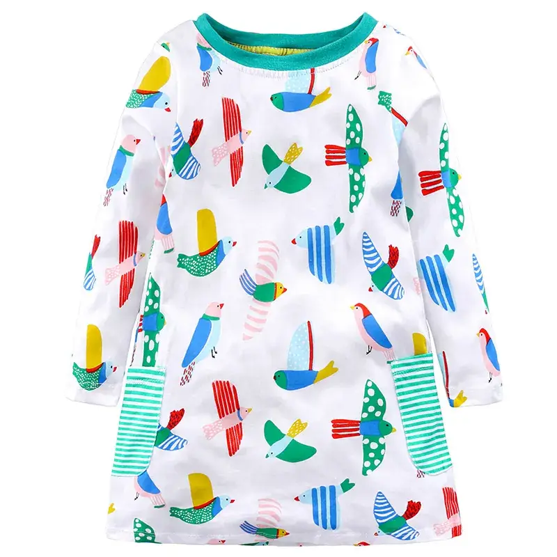 Spring Printed Cotton Long Sleeve Girls Dress Blue Yellow Pink - Image 5