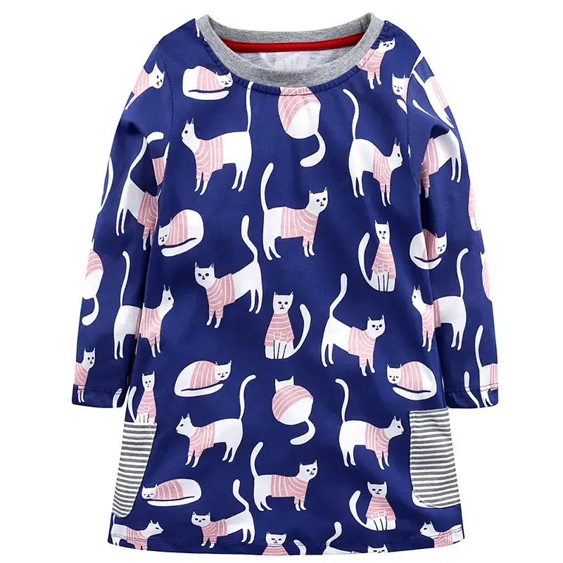 Spring Printed Cotton Long Sleeve Girls Dress Blue Yellow Pink