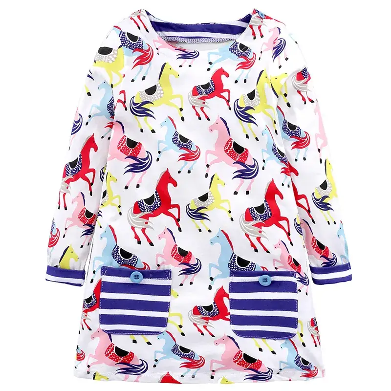 Spring Printed Cotton Long Sleeve Girls Dress Blue Yellow Pink - Image 6