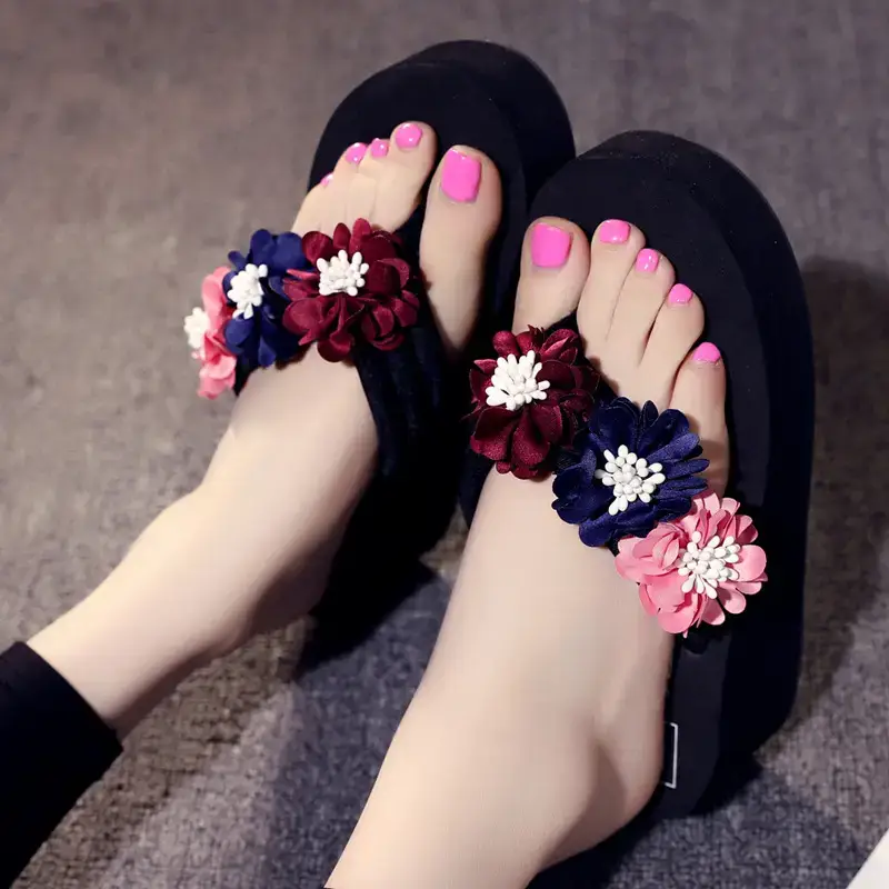 2024 Korean Style Flower Flip-Flops Women High Heel Platform Wedge Sandals