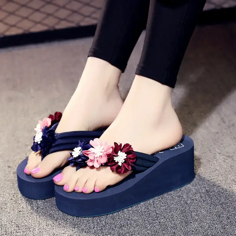 2024 Korean Style Flower Flip-Flops Women High Heel Platform Wedge Sandals