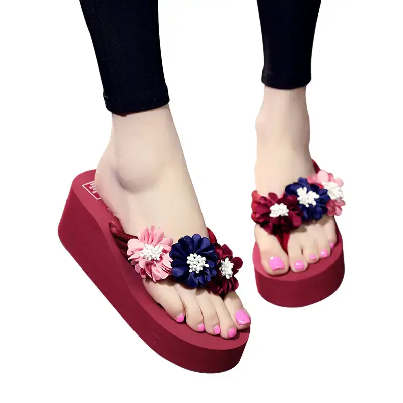2024 Korean Style Flower Flip-Flops Women High Heel Platform Wedge Sandals