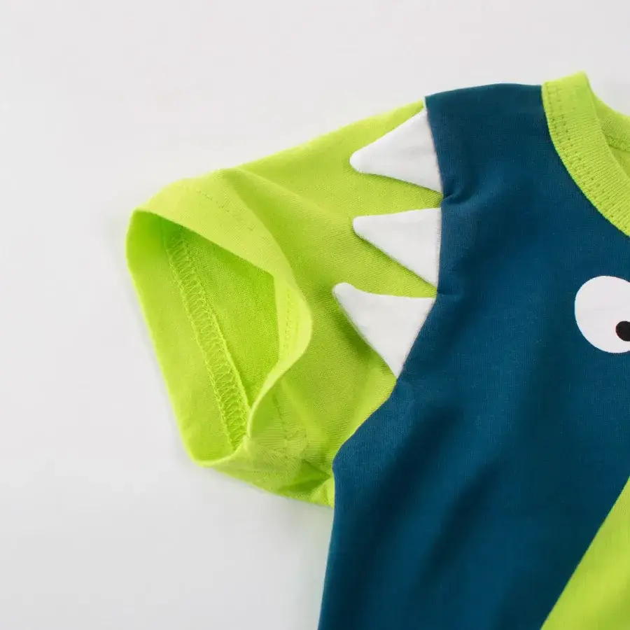Kids Cartoon T-Shirt Green Blue Pure Cotton Short Sleeve - Image 3
