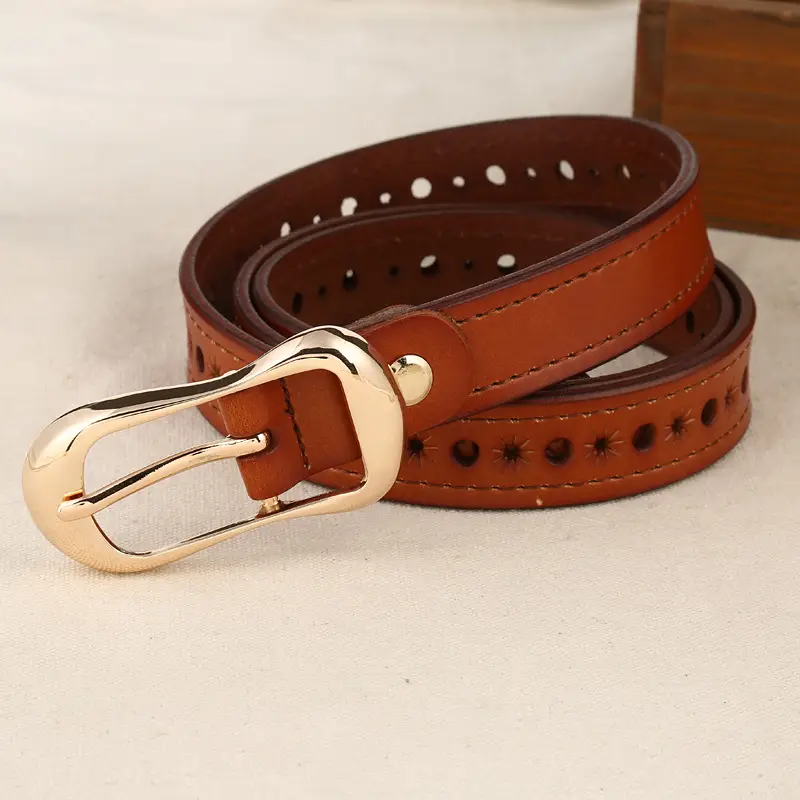 Ladies Leather Pin Buckle Belt Brown Two Layer Cowhide