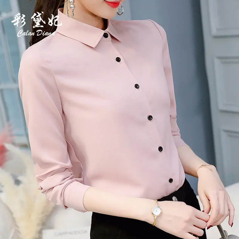 Women Korean Style Long Sleeve Slim Shirt Pink Large